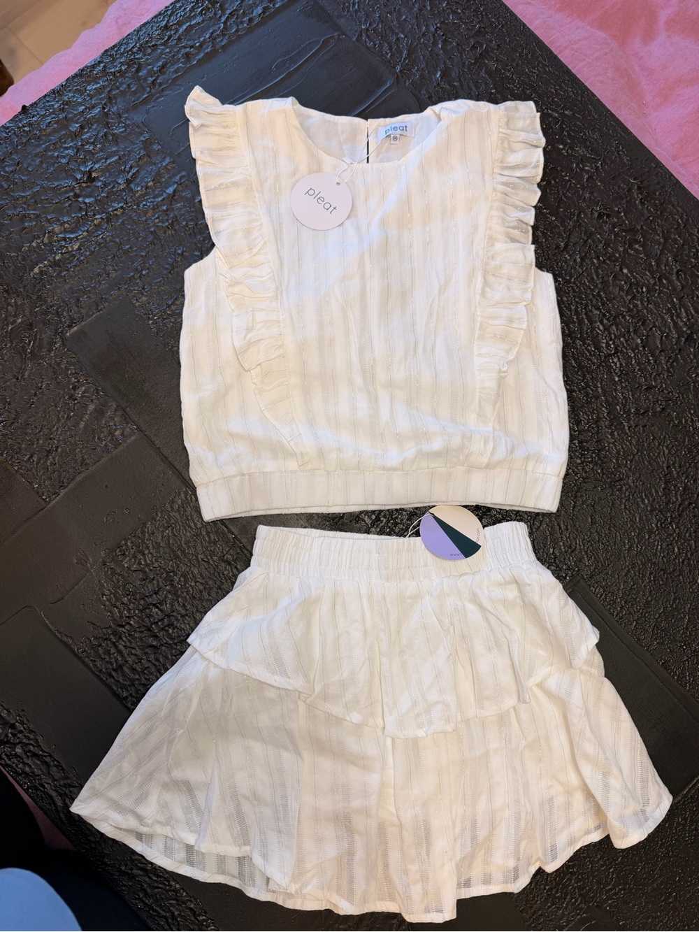 Pleat White Ruffle Two-Piece Skirt Set for Kids